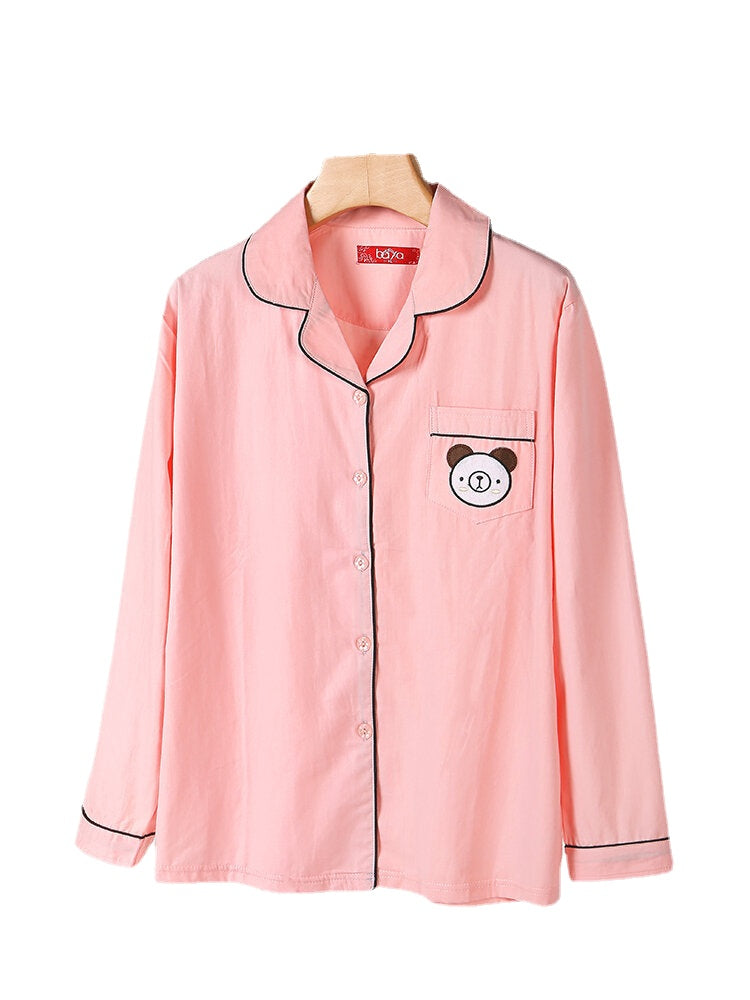 Plus Size Women's Cotton Cartoon Applique Lapel Pajama Set with Contrast Binding