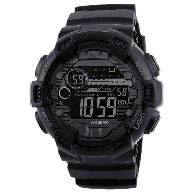 Luminous Week Display Stopwatch Countdown 5ATM Waterproof Dual-time Sport Men Digital Watch