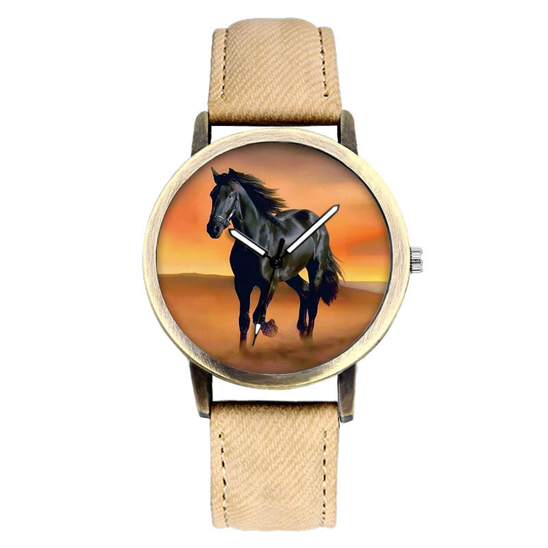 Casual Black Horse Desert Dial All-Match Denim Strap Men Quartz Watch Wristwatch