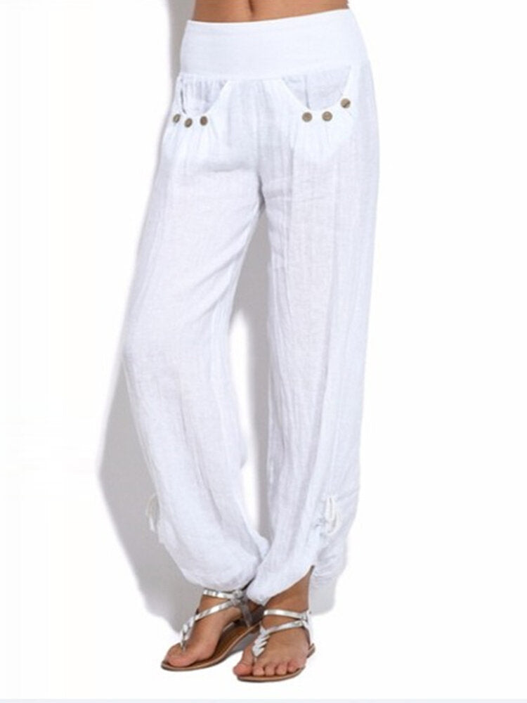 Women Casual High Waist Solid Color Button Yoga Harem Pants