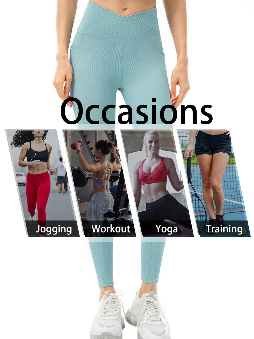Women Sports Leggings Yoga Tights with Pockets Ribbed Pants