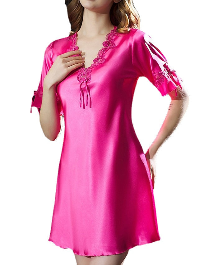 Elegant Women's Satin A-Line Mini Dress with Lace Bow, V-Neck, Solid Color for Home Lounge