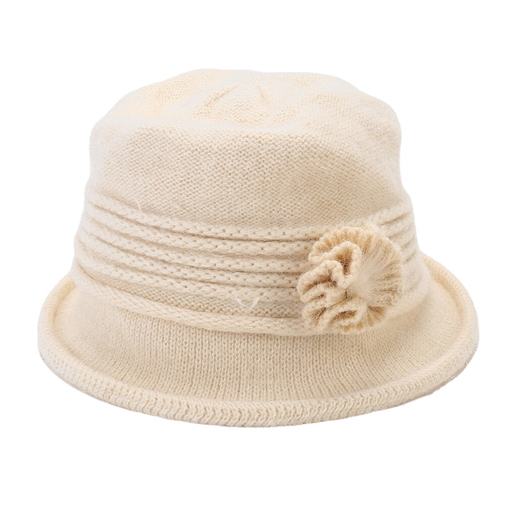 Women's Warm Knitted Bucket Hat with Flower Decoration