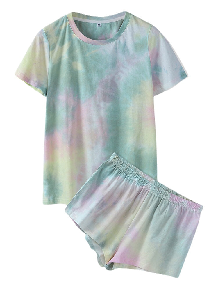 Women's Tie Dye Pajama Set - Short Sleeve, O-Neck, Soft Summer Sleepwear, 2-Piece