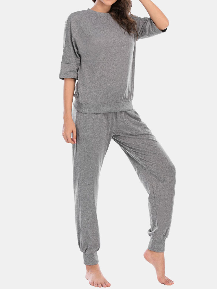Women's Comfy 3/4 Sleeve Pajama Set - Solid Color Top & Long Pants