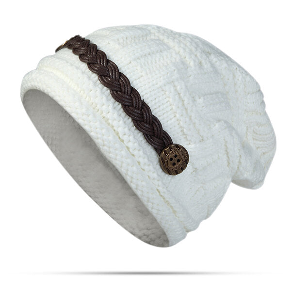 Women's Crochet Knit Beanie Hat with Button Detail - Baggy Style