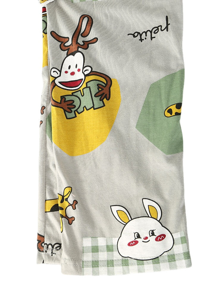Women's Cartoon Print Pajama Set: Elastic Waist, Pocket Pants