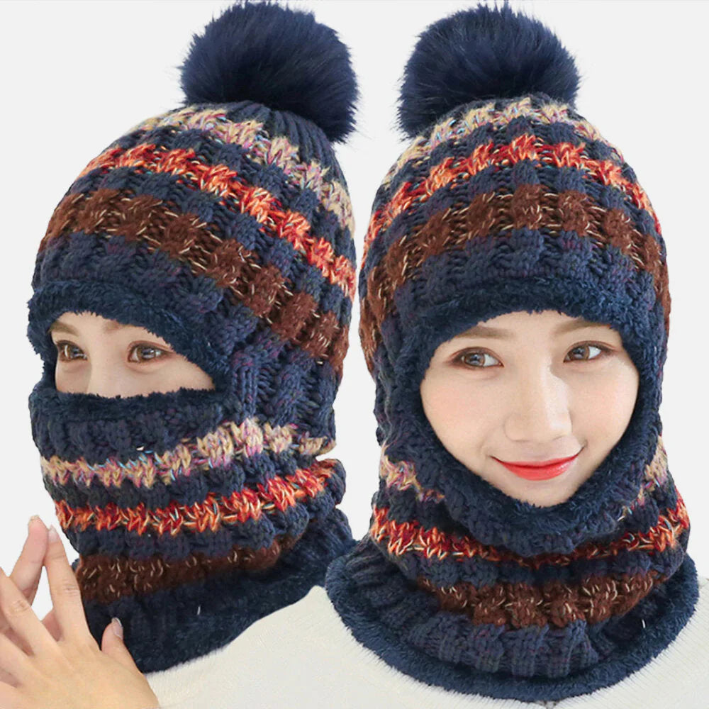 Women's Wool Knitted Hat: Warm, Windproof, Plus Velvet, Neck & Face Protection for Riding