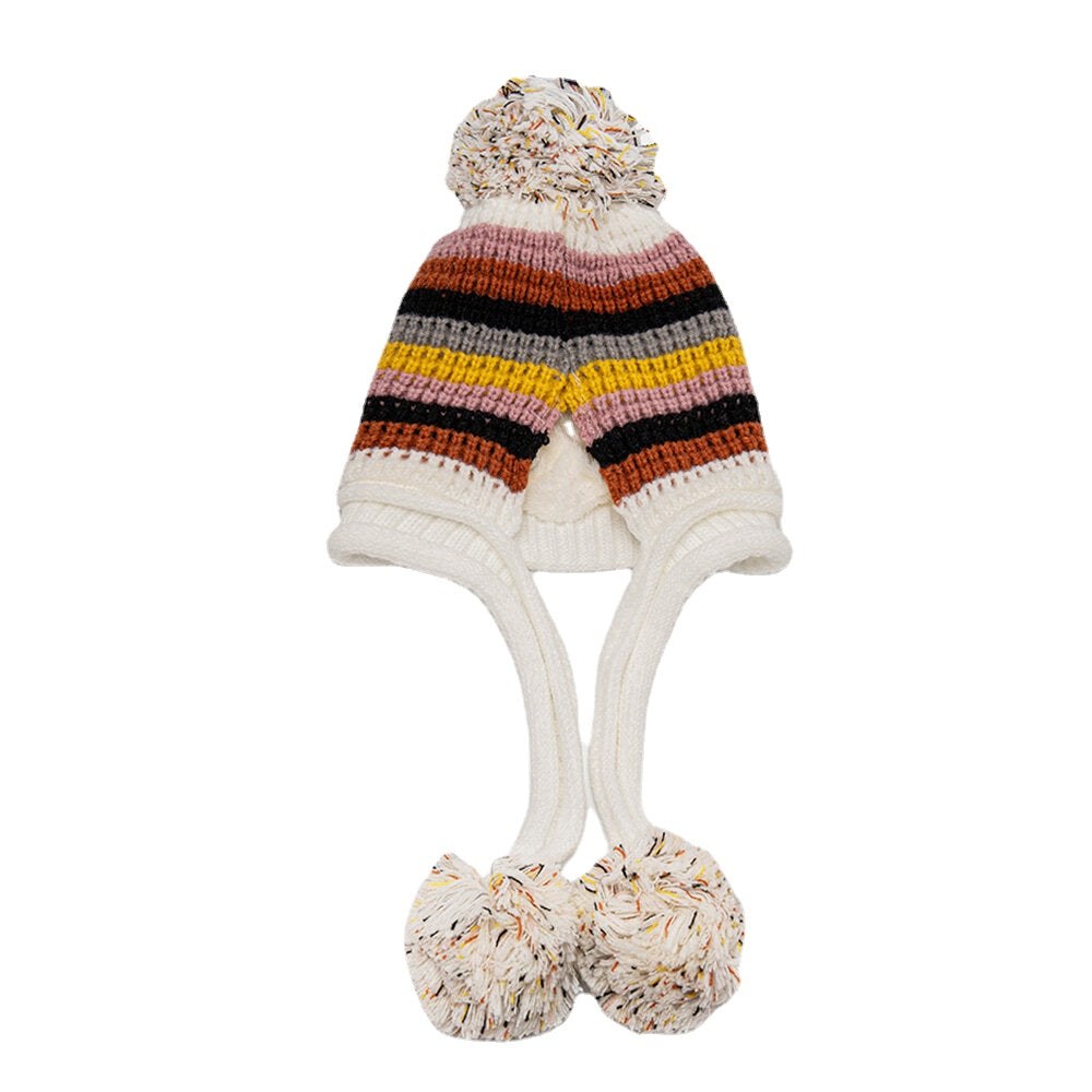 Women's Knitted Velvet Ear Protection Striped Fur Ball Warm Beanie Hat