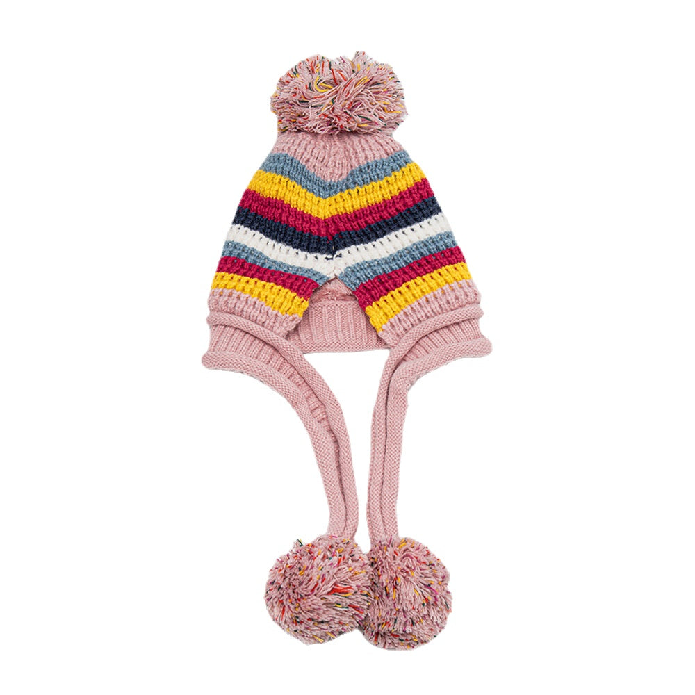 Women's Knitted Velvet Ear Protection Striped Fur Ball Warm Beanie Hat