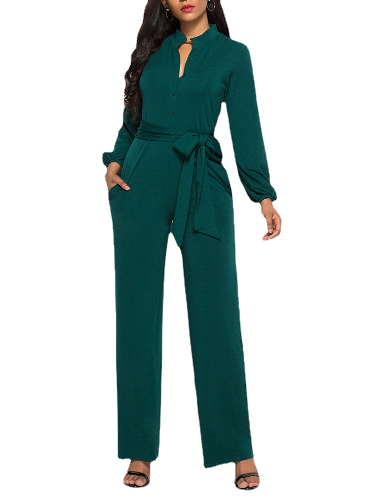 Women Solid Color Long Sleeve Waist Belt Stand Collar Plus Size Jumpsuit