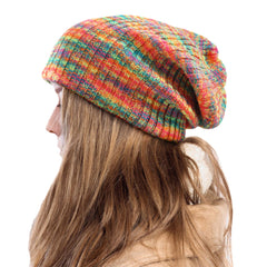 Unisex Rainbow Striped Woolen Beanie - Thick, Warm, Velvet-Lined Hat