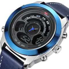 Sport Men Digital Watch Date Week Month Display Chronograph Leather Strap LED Dual Display Watch