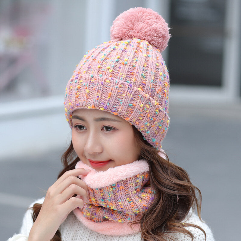 Warm Wool Beanie & Bib Set - Thick Winter Pom Cap