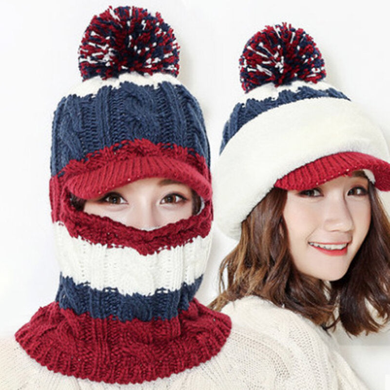 Women's Windproof Velvet Knit Beanie with Earmuffs - Warm Patchwork Ski Cap