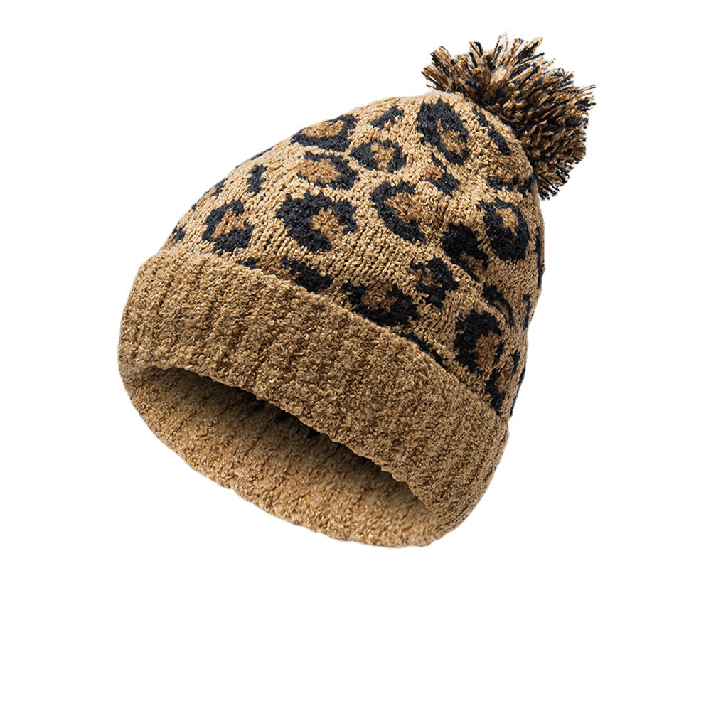 Unisex Leopard Knit Beanie with Fur Pom, Warm & Casual