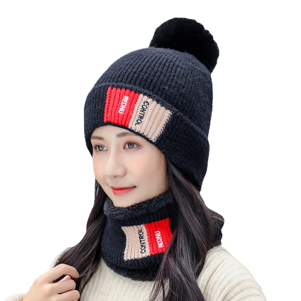 Unisex 2PCS Warm Windproof Knitted Hat & Scarf Set - Plus Velvet, Winter Neck & Face Protection