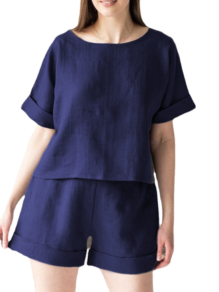 Leisure Solid Elastic Waist Pocket Short Sleeve Cotton Suit