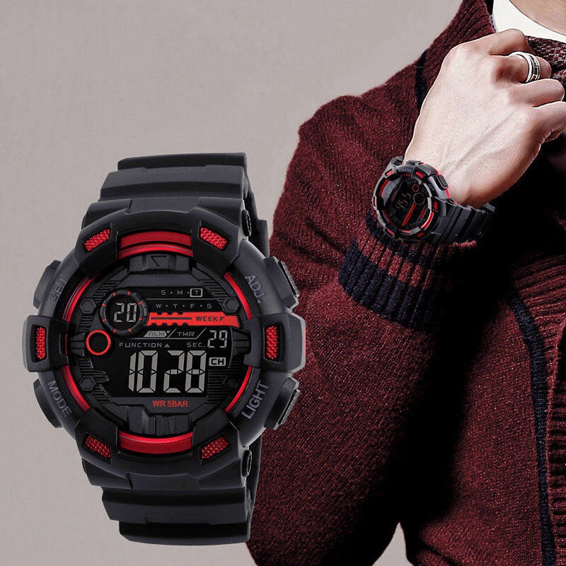 Luminous Week Display Stopwatch Countdown 5ATM Waterproof Dual-time Sport Men Digital Watch