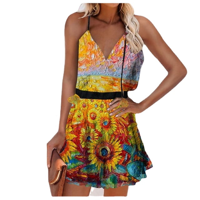Women's Dot Sleeveless Floral Print V Neck Casual Boho Dress