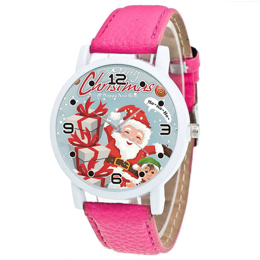 Christmas Santa Claus with Gift Pattern Cute Watch Leather Strap Men Women Quartxz Watch