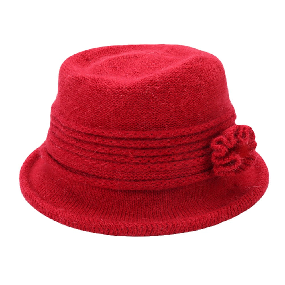 Women's Warm Knitted Bucket Hat with Flower Decoration