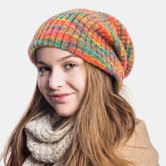 Unisex Rainbow Striped Woolen Beanie - Thick, Warm, Velvet-Lined Hat