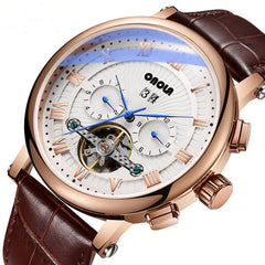 Men Automatic Watch Flywheel Hollow Date Display Leather Strap Mechanical Watch