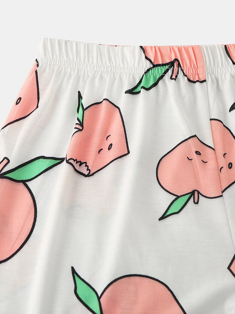 Women's Peach Print Pajama Set - Short Sleeve, Elastic Waist, Casual Homewear