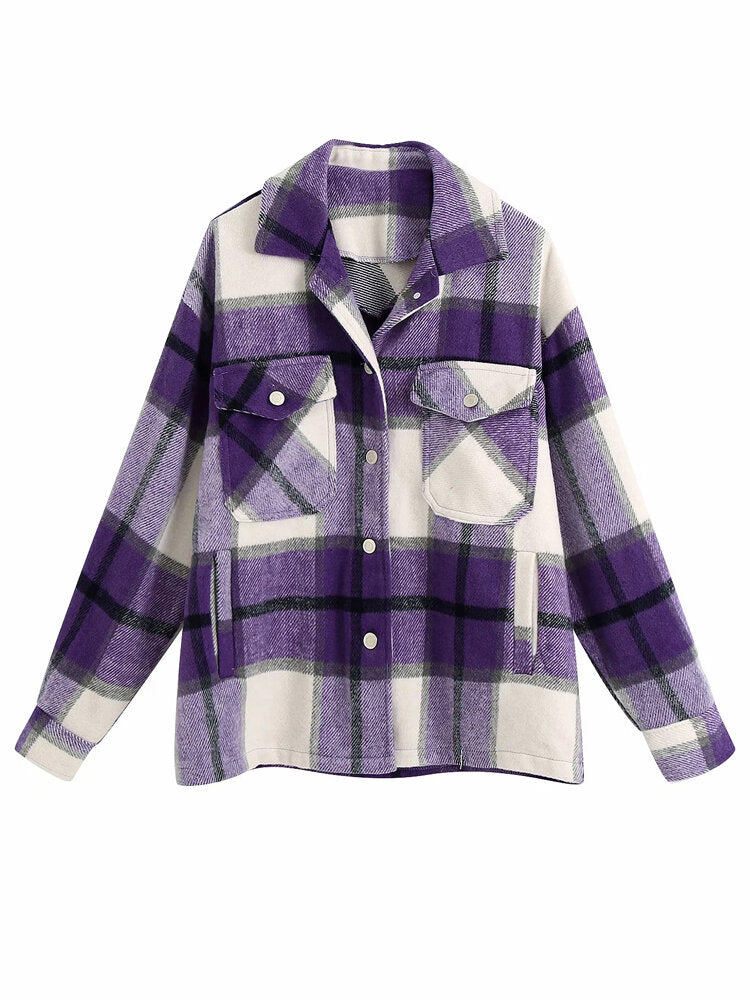 Women Plaid Button Front Lapel Long Sleeve Casual Coats With Multi Pocket