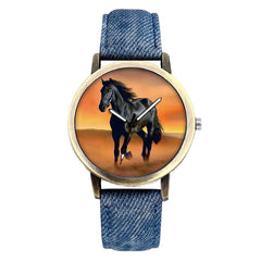 Casual Black Horse Desert Dial All-Match Denim Strap Men Quartz Watch Wristwatch