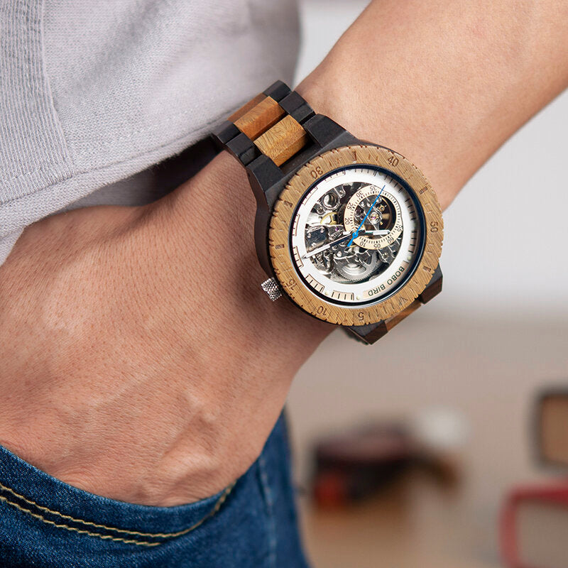 Men Wooden Luminous Hand Wristwatches Mechanical Watch