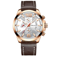 Men Luminous Display Calendar Chronograph Leather Strap Quartz Watch