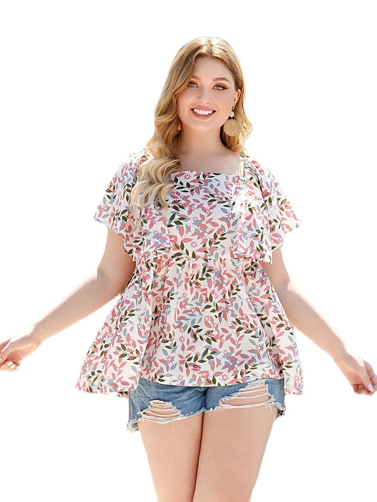 Plus Size Women Leaf Print Square Neck Ruffle Short Sleeve Casual Blouses