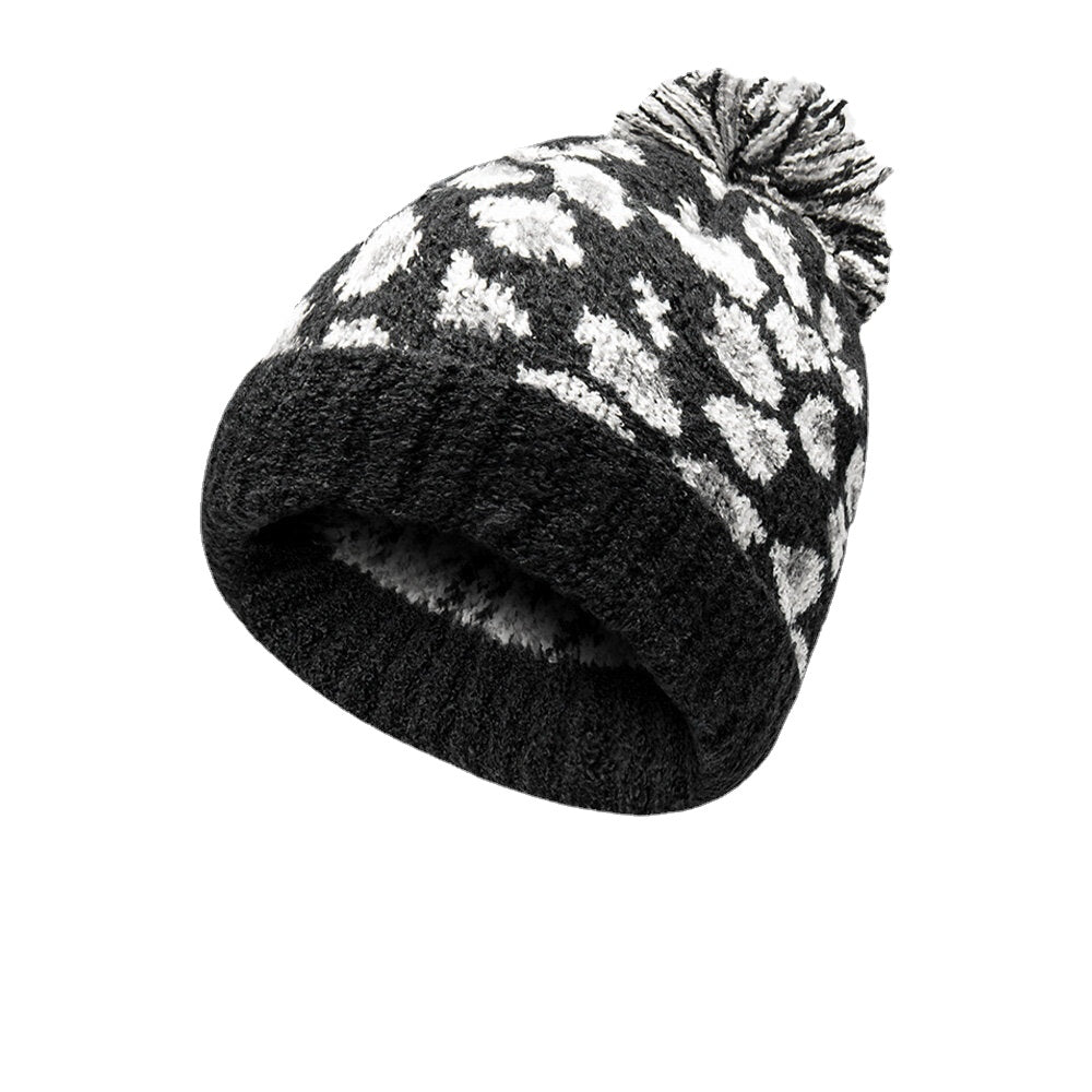 Unisex Leopard Knit Beanie with Fur Pom, Warm & Casual