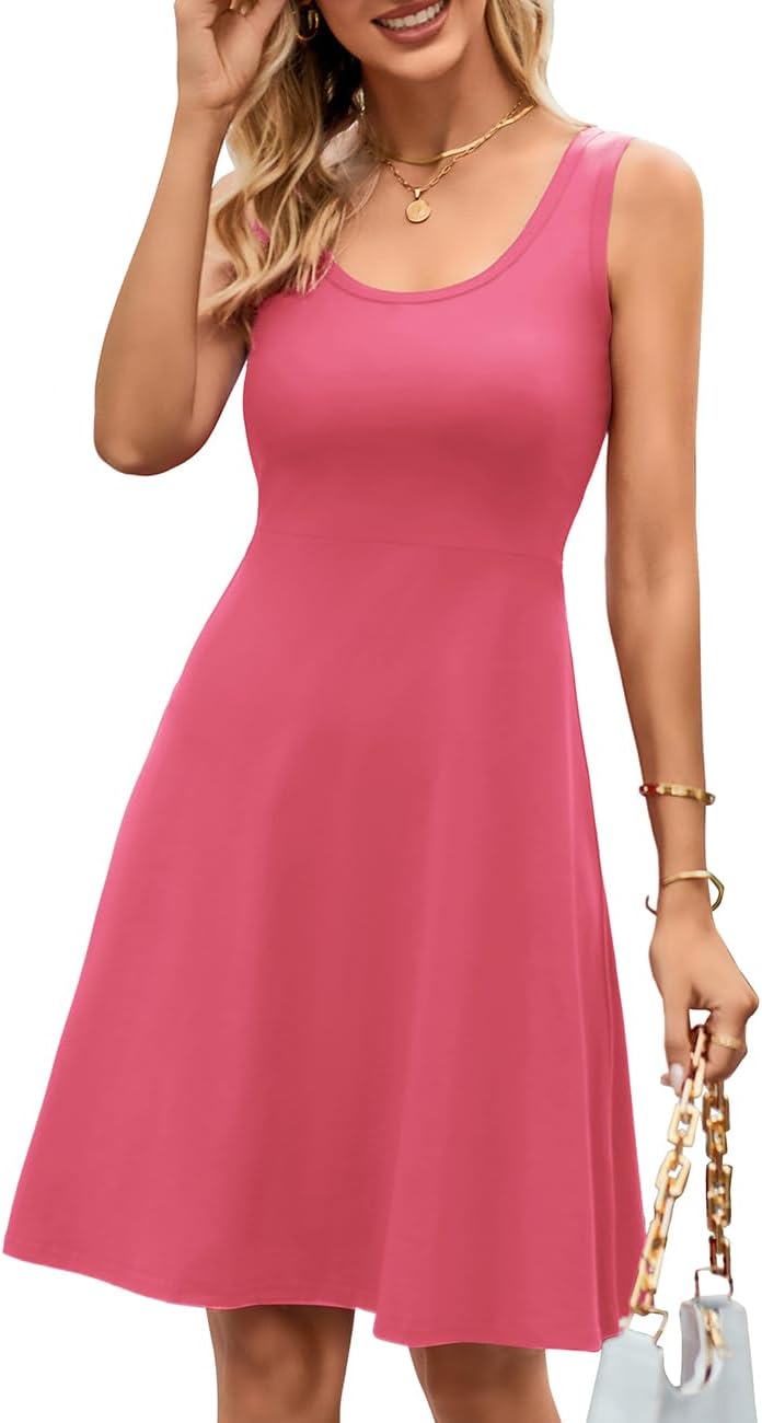 Women Summer Slim Sleeveless Scoop Neck A-Line Flare Sun Dresses