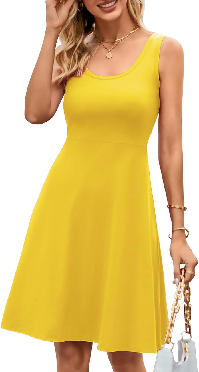 Women Summer Slim Sleeveless Scoop Neck A-Line Flare Sun Dresses