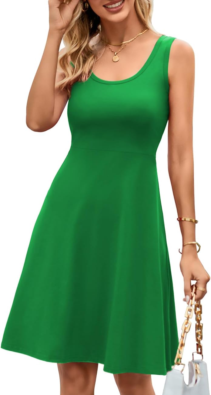Women Summer Slim Sleeveless Scoop Neck A-Line Flare Sun Dresses