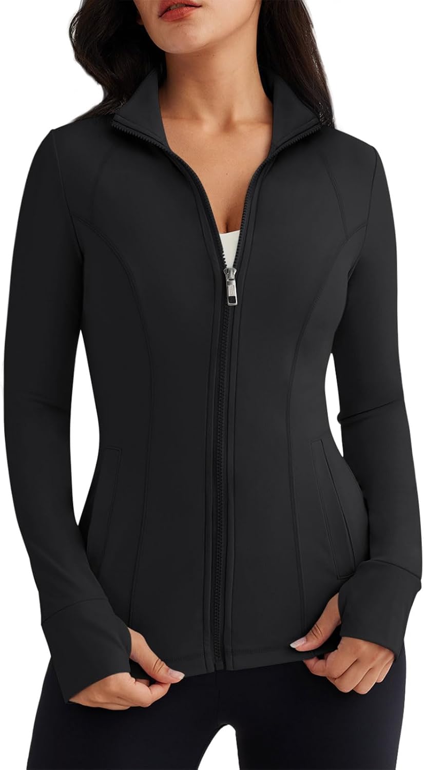 Women’s Full Zip Athletic Jacket – Breathable Lightweight Zip-Up Hoodie with Stand-Up Collar, Thumb Holes, and Zipper Pockets for Exercise and Outdoor Activities