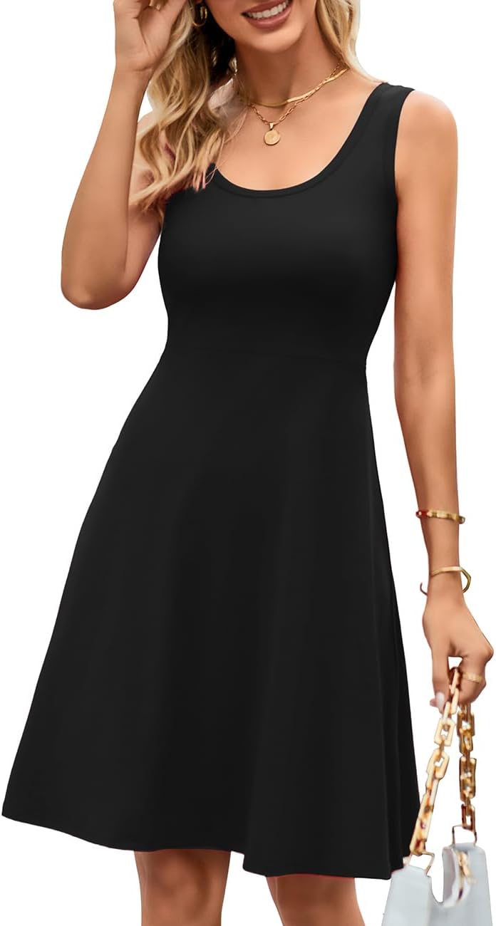 Women Summer Slim Sleeveless Scoop Neck A-Line Flare Sun Dresses