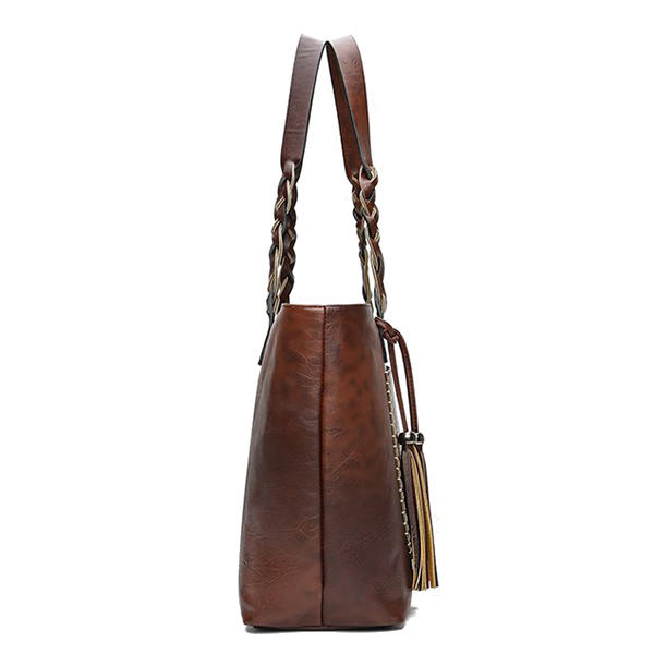 Women Retro Faux Leather Tote Bag Solid Tassel Leisure Shoulder Bag Hangbag