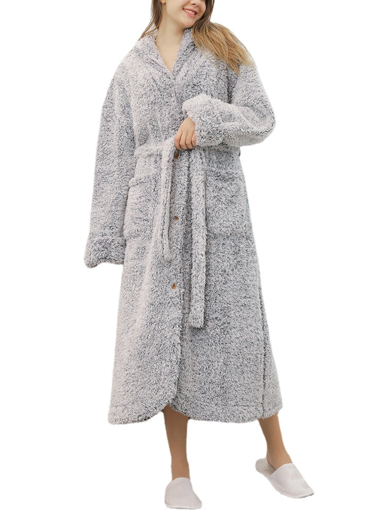 Women's Warm Fleece Hooded Robe with Belt and Buttons