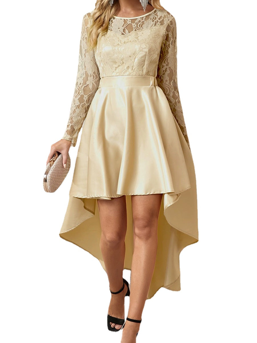 Asymmetric Lace Satin Dress - Long Sleeve, Solid Color, Printed Design