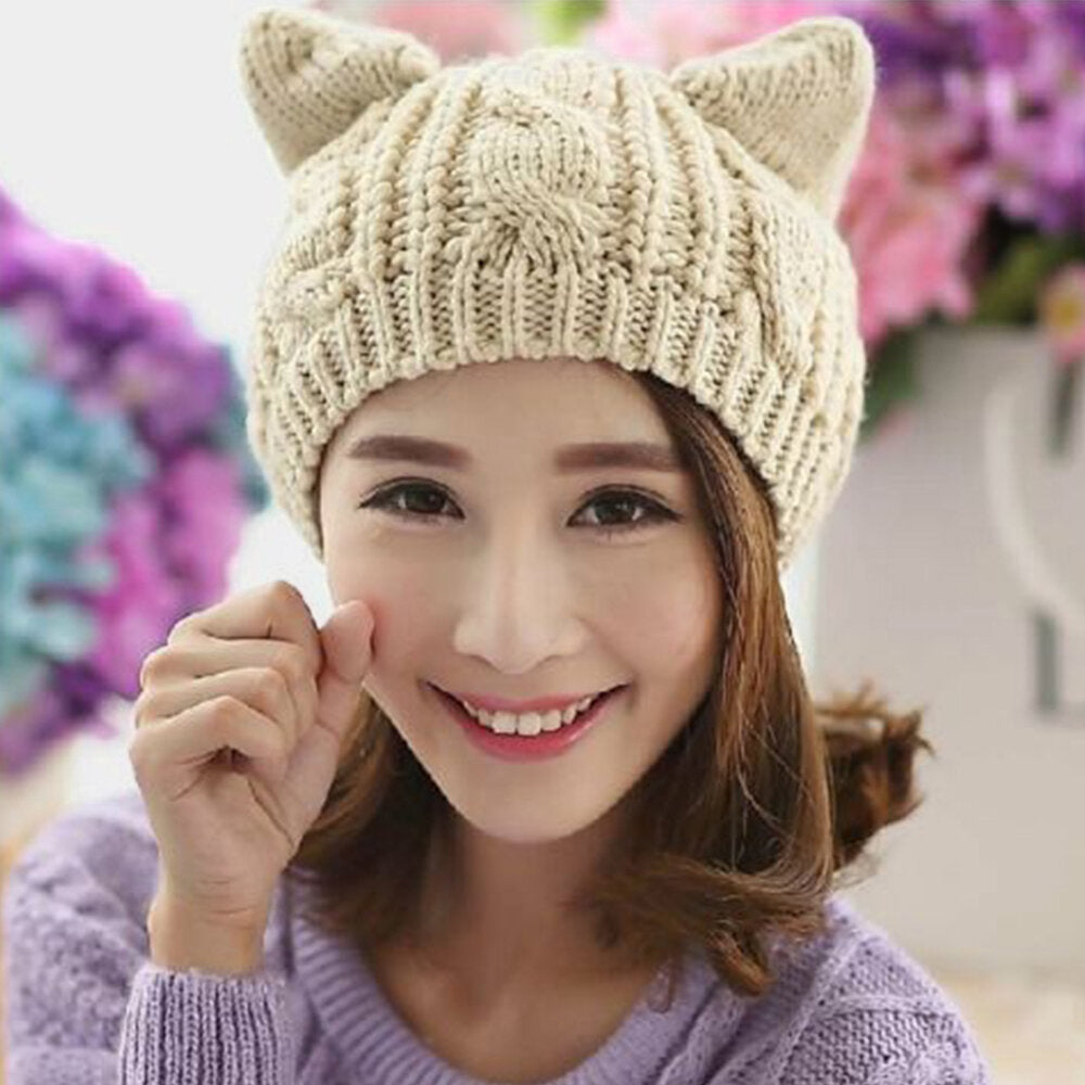 Unisex Woolen Cat Ear Warm Knitted Hat - Cute, Soft, Casual, All-Match for Couples