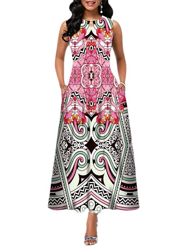 Women's Sleeveless Floral Crew Neck Casual Loose Fit Long Dress With Pocket