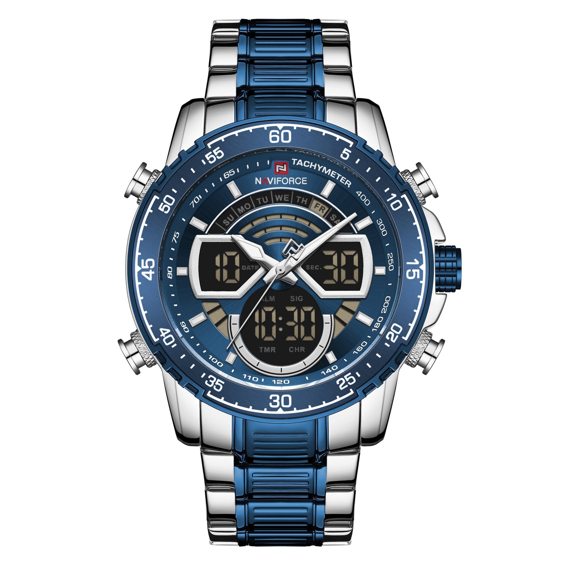 Casual Men Digital Watch Luminous Pointer with Calendar Dial Stainless Steel Strap 3ATM Waterproof Dual Display Watch