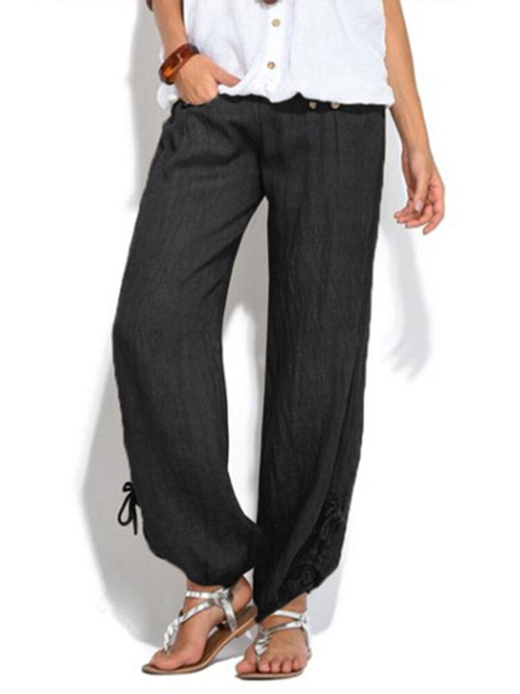 Women Casual High Waist Solid Color Button Yoga Harem Pants