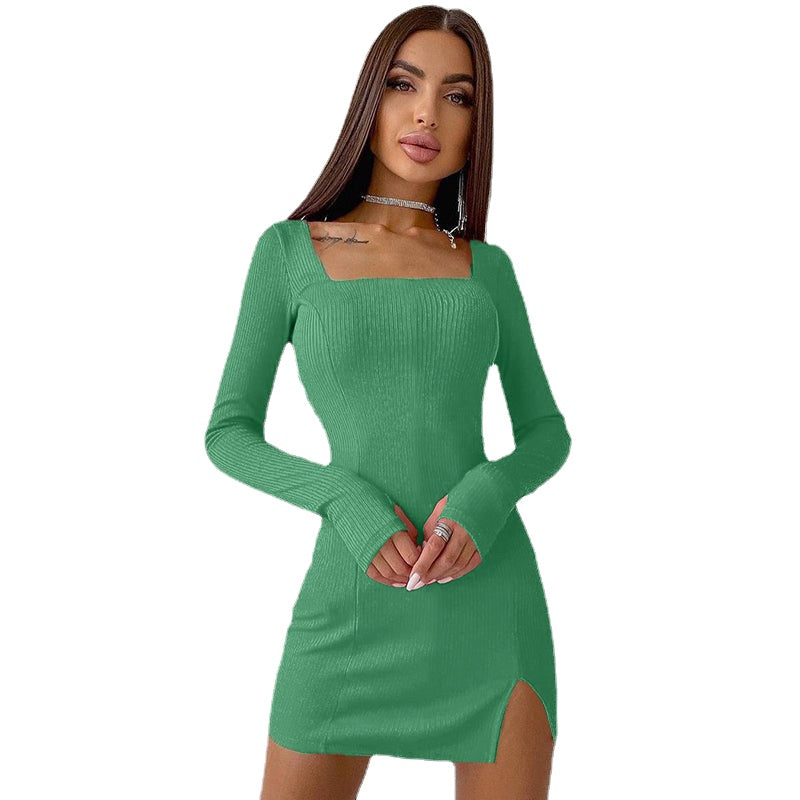 Sexy Slim-Fit Long Sleeve Dress - Solid Color Fashion