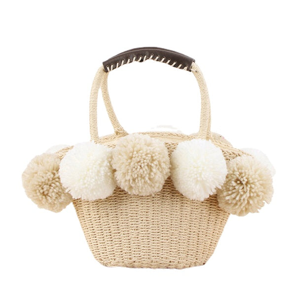 Women Travel Woven Beach Bag Cute Contrast Plush Ball Straw Handbag