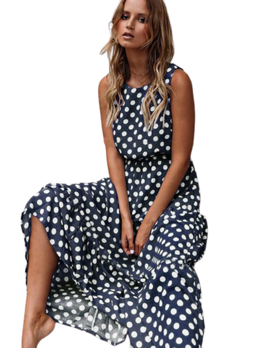 Women's Sleeveless Polka Dot Ruched Crew Neck Stylish Swing Boho Dress
